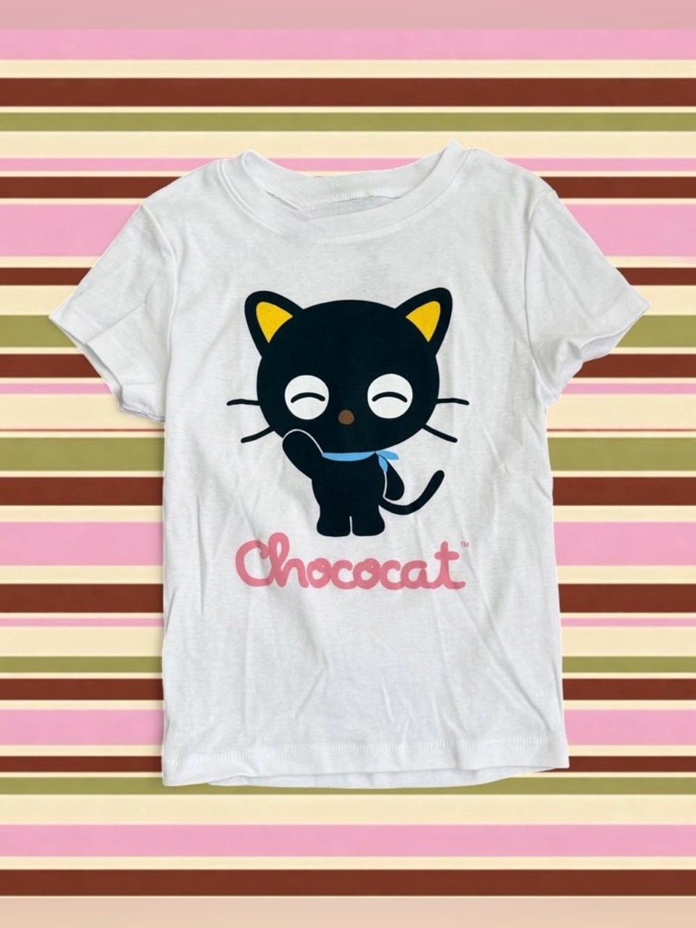 Sanrio Chococat white cotton tee with black cat graphic and pink 'Chococat' text